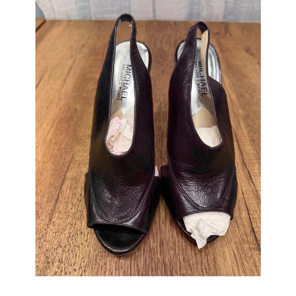 Michael Kors Black Leather Peep Toe Slingback Platform Heels Womens Size‎ 7M